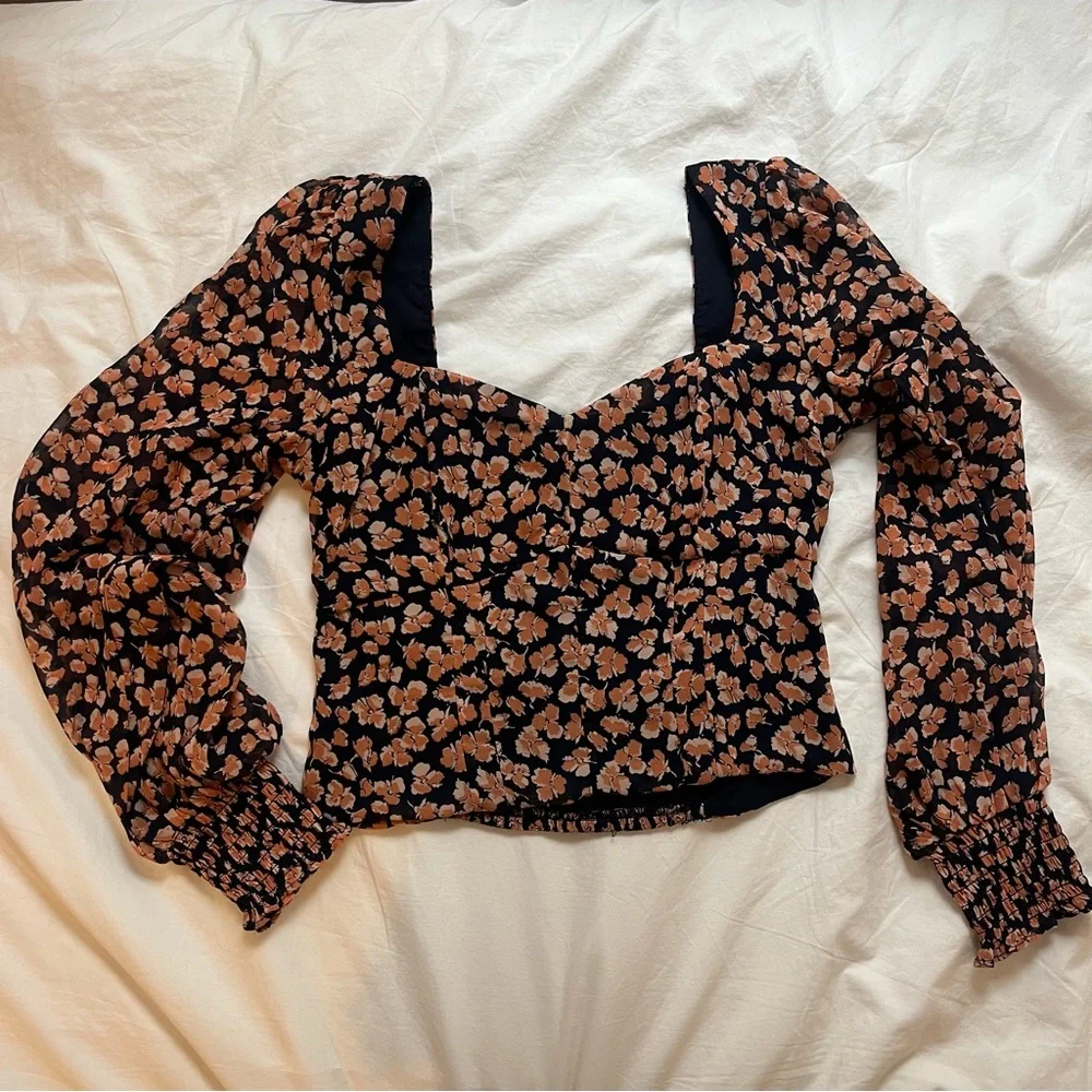 Abercrombie Sweetheart Puff-Sleeve Navy Orange Floral Poppy Print Blouse, Medium